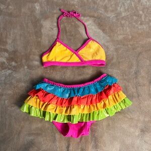 FLAPDOODLES Colorful Pink Ruffled Rainbow Vacation Bikini Set - Size 5